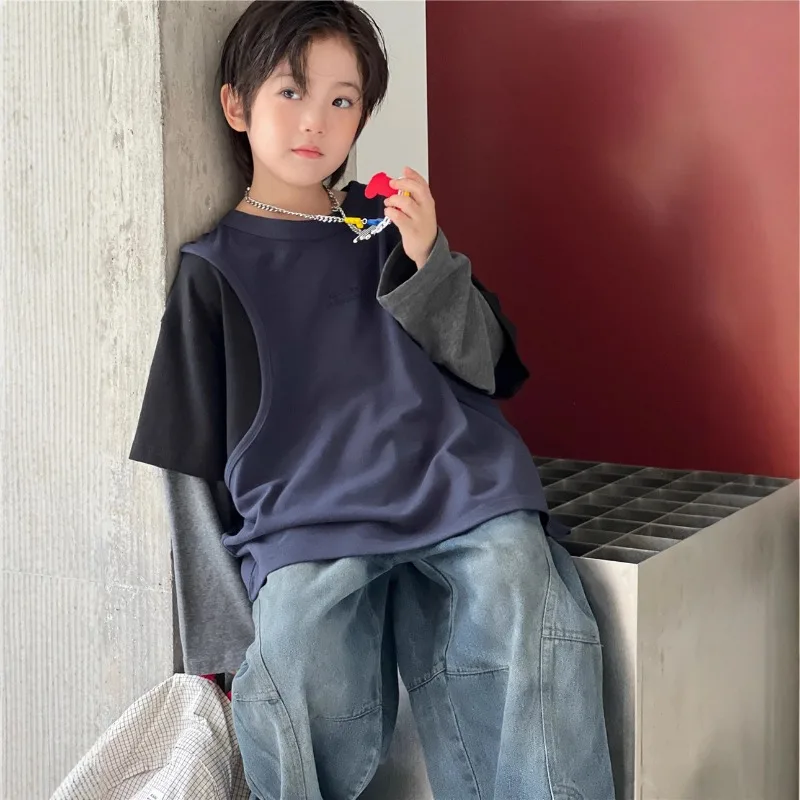 

Boys Shirts 25 Autumn Korean Style Childrens Clothes Patchwork Super Soft Comfortable Fake Two Piece Long Sleeve Top