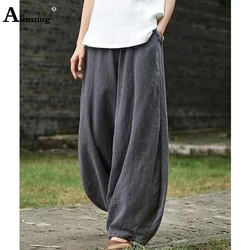 Cotton Linen Bloomers Wide Leg Pants Large Big 5XLWomen Vintage Full Length Fashion Elegent Pants Solid Elasitic Waist Trousers