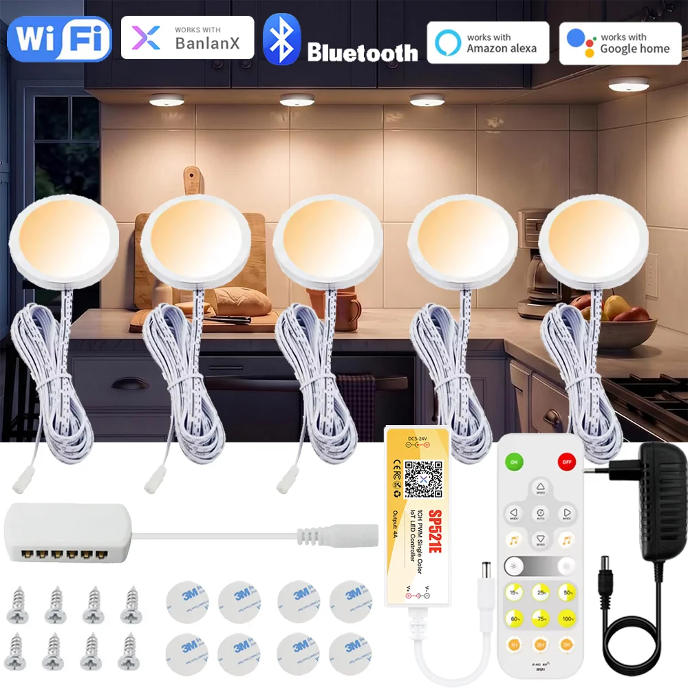 Wifi Bluetooth DC12V Round Cabinet Lamp 3000K/6000K Dimmable Timer Closet Shelf BanlanX APP Remote Voice Control FR Alexa Google
