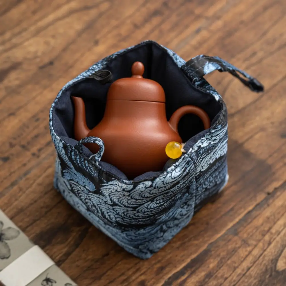 Chinese Style Teacup Drawstring Cloth Pouch Breakage-proof Portable Small Item Pouch Print Multifunctional Teaware Storage Bag