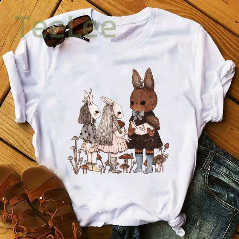 Cartoon Bunny Animal Tshirt Women Grpahic Mushroom T Shirts Funny illustration T Shirt Women Tops Graphic Tees Unisex T-shirt