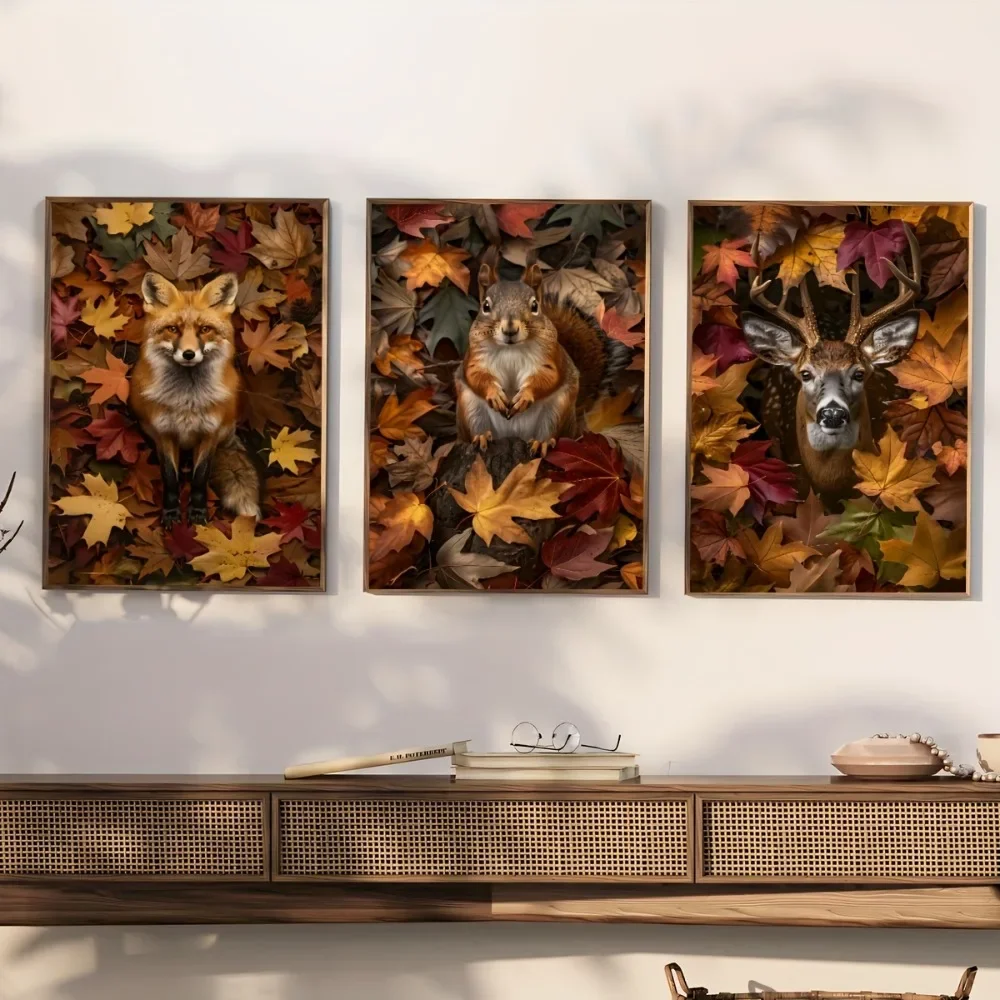 3pcs frameless Canvas Painting 3pcs Frameless,Retro Autumn Landscape Animal Art Poster Featuring Foxes,Squirrels and Deer with L