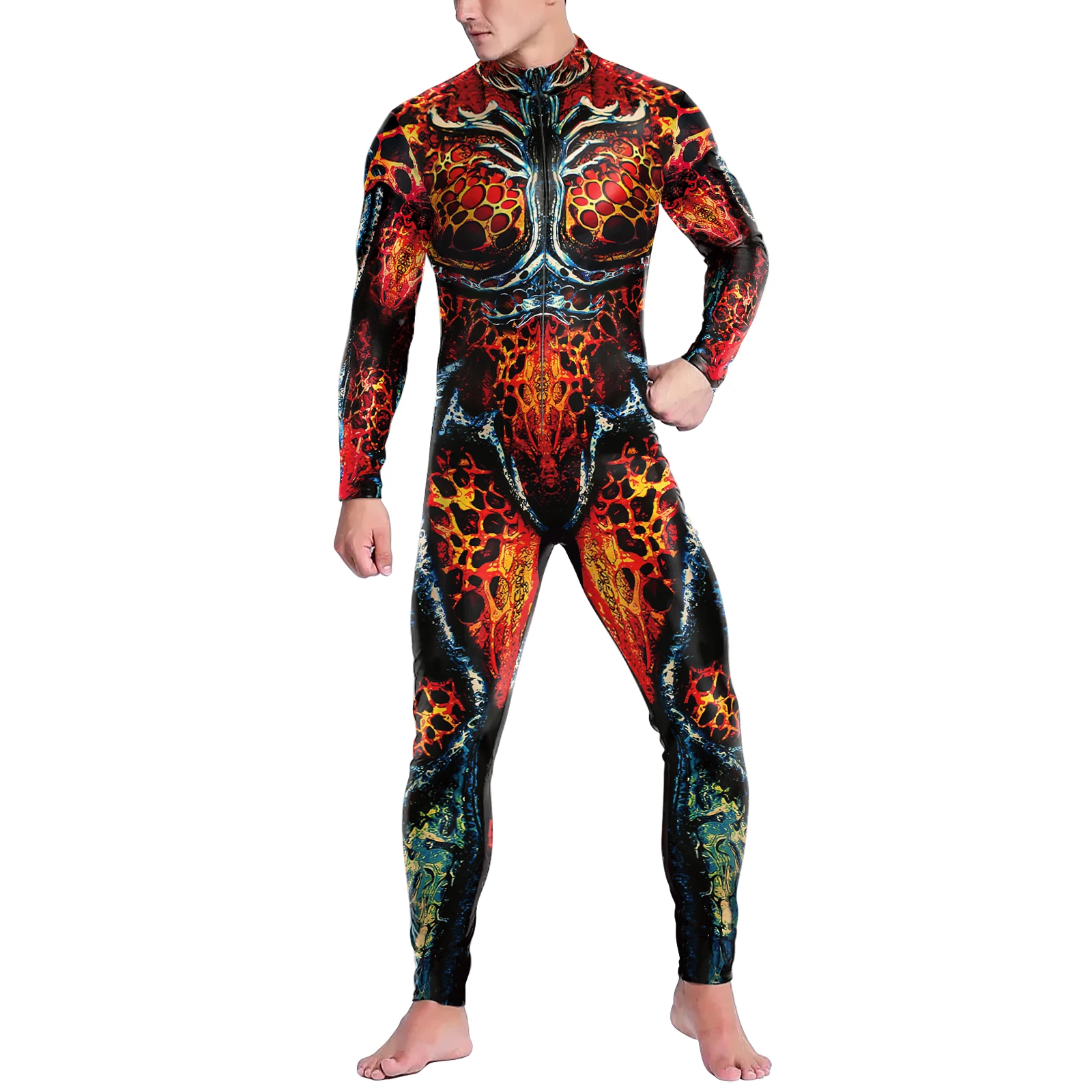 VIP Mode Männer Roboter Skelett Kostüm Phantasie Bodysuit Front Reiß verschluss Cosplay Overall 3D-Druck Zentai Anzug