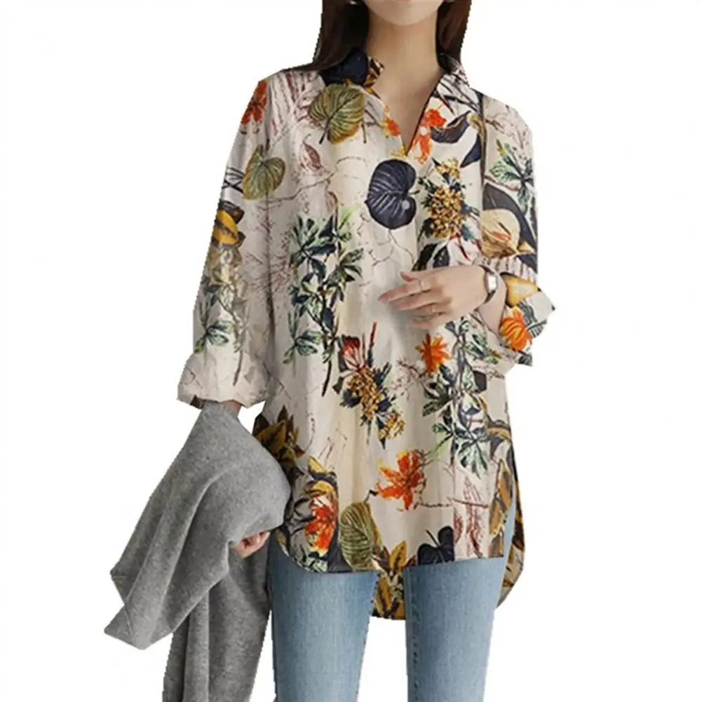 Blusa de lino y algodón con estampado Floral para verano, camisa holgada de manga larga con cuello en V, estilo bohemio, 2024