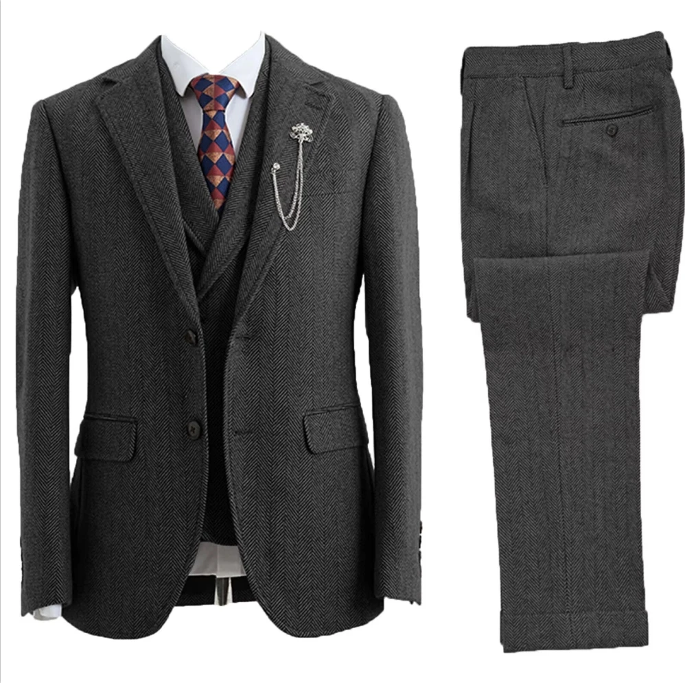 

Elegant Men 3 Pieces Suit Wedding Tweed Herringbone Double-Breasted Blazer Pants Vest Tuxedos Size Men Clothing