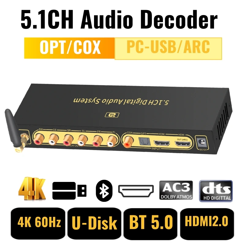 51 Audio Decoder Bluetooth 5.0 Music Receiver HDmi2.0 4K@60hz DAC Sound Converter ARC DolBy Atm0s AC3 DTS HD FLAC APE 4K 192KHzz