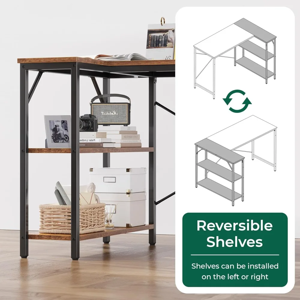 مكتب ألعاب على شكل حرف L مقاس 55 بوصة، أرفف تخزين قابلة للعكس، مثالية للمكتب المنزلي والكتابة والدراسة وزاوية الألعاب #4