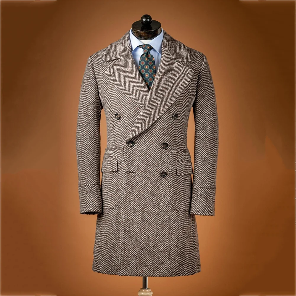 Elegant Herringbone Men's Jacket Double Breasted Long Trench Coat Notch Lapel Vintage Formal Male Suit One Piece Only Blazer