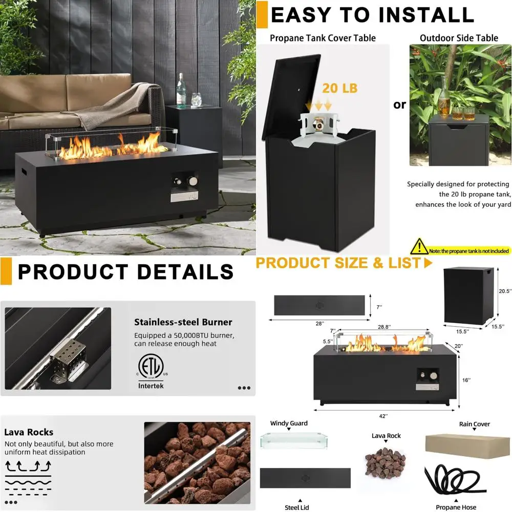 

Rectangular Outdoor Propane Fire Pit Table - 42-inch Modern Gas Fire Pits Patio, CSA Certified, Heavy-Duty with 50,000 BTU