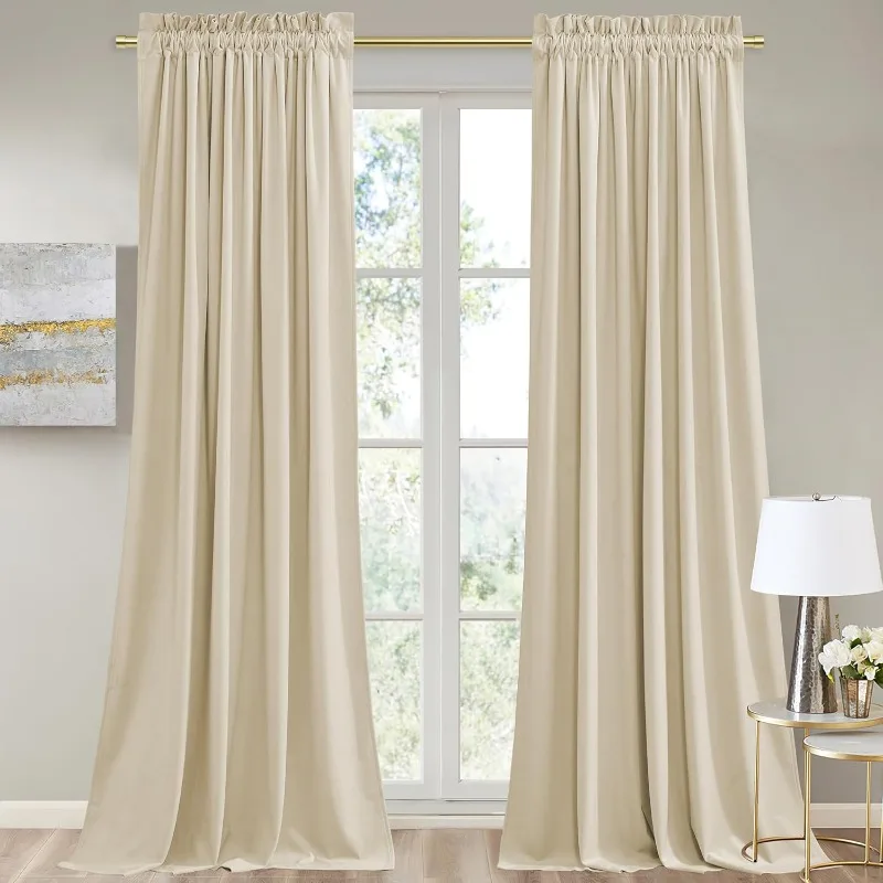 Beige Velvet Curtains 96 Inches Long - Luxury Room Darkening Privacy Protect Window Treatment Heavy Thick Sliding