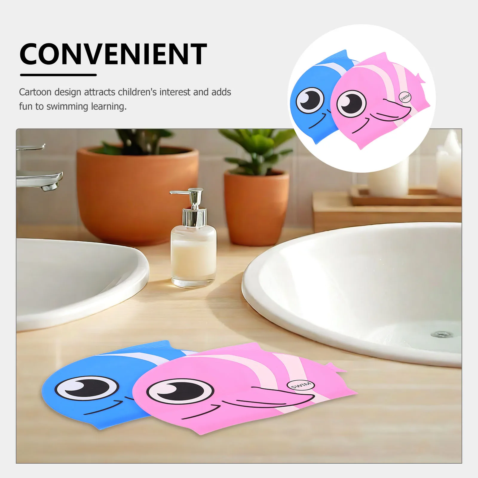 2 قطعة قبعة السباحة سيليكون تصميم الأسماك الكرتون ل قبعة السباحة المقاومة للماء واقي الأذن غطاء الماء #4