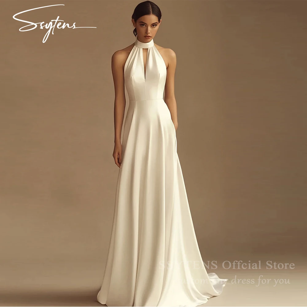 

SSYTENS Halter Satin Sleeveless Wedding Dresses Deep V-neck Sexy Backless Wedding Gown with Court for Bridal vestidos de novia