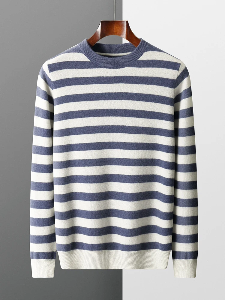 

Autumn Winter New Cashmere Sweater Men's O-Neck Pullover 100% Wool Knitted Sweater Stripe Contrast Fashion Leisure Top Hot