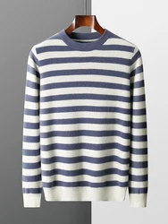 Autumn Winter New Cashmere Sweater Men's O-Neck Pullover 100% Wool Knitted Sweater Stripe Contrast Fashion Leisure Top Hot