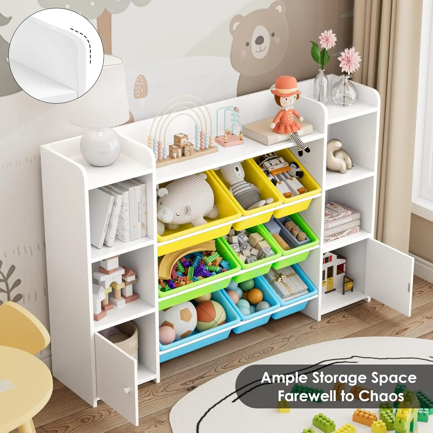 Organizador de armazenamento de brinquedos grande de 55 '' Fotosok com 9 caixas de brinquedos, organizadores de brinquedos e armazenamento com prateleira e 6 cubículos de armazenamento,