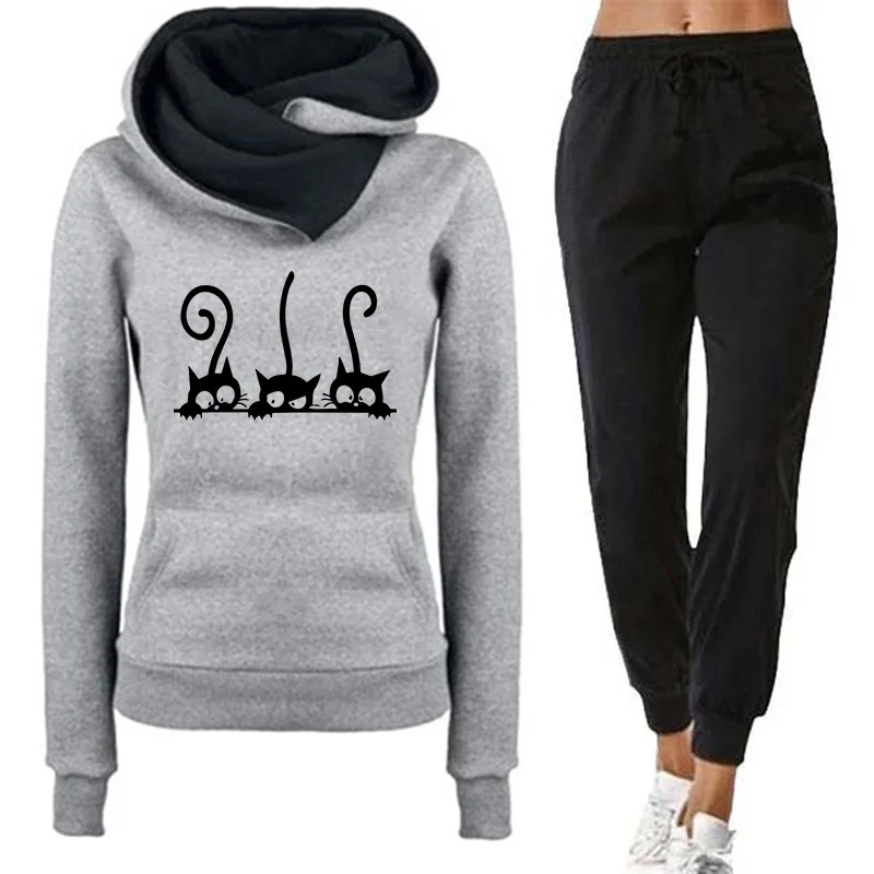 2023 New Arrival Women\'s Cute Cat Hooded Outfits Hoodies and Jogger Pants High Quality Ladies Daily Casual Sports Jogging Suit