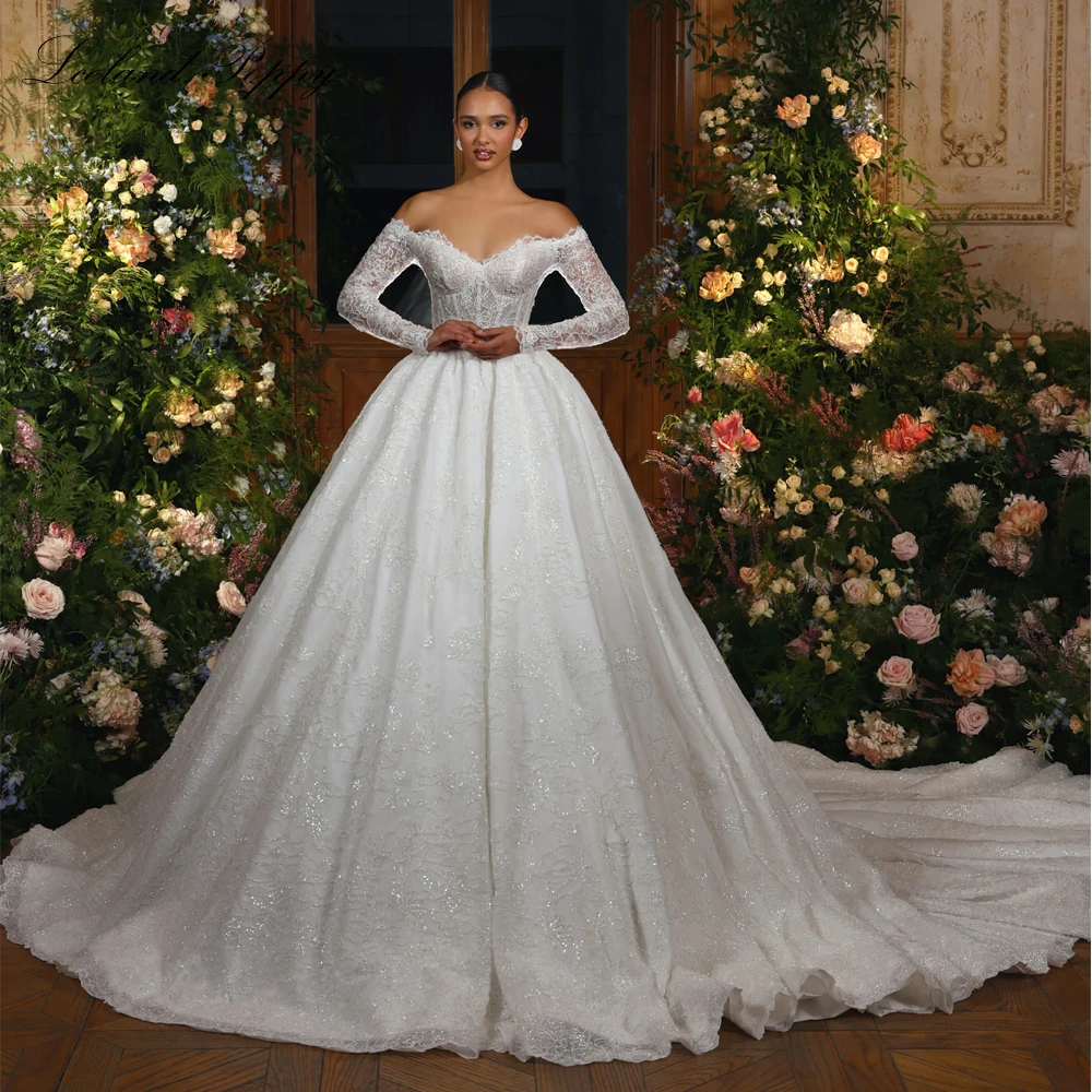 Lceland Poppy Customized A Line Lace Wedding Dresses Off the Shoulder Long Sleeves Floor Length Bridal Gowns with Chapel Train