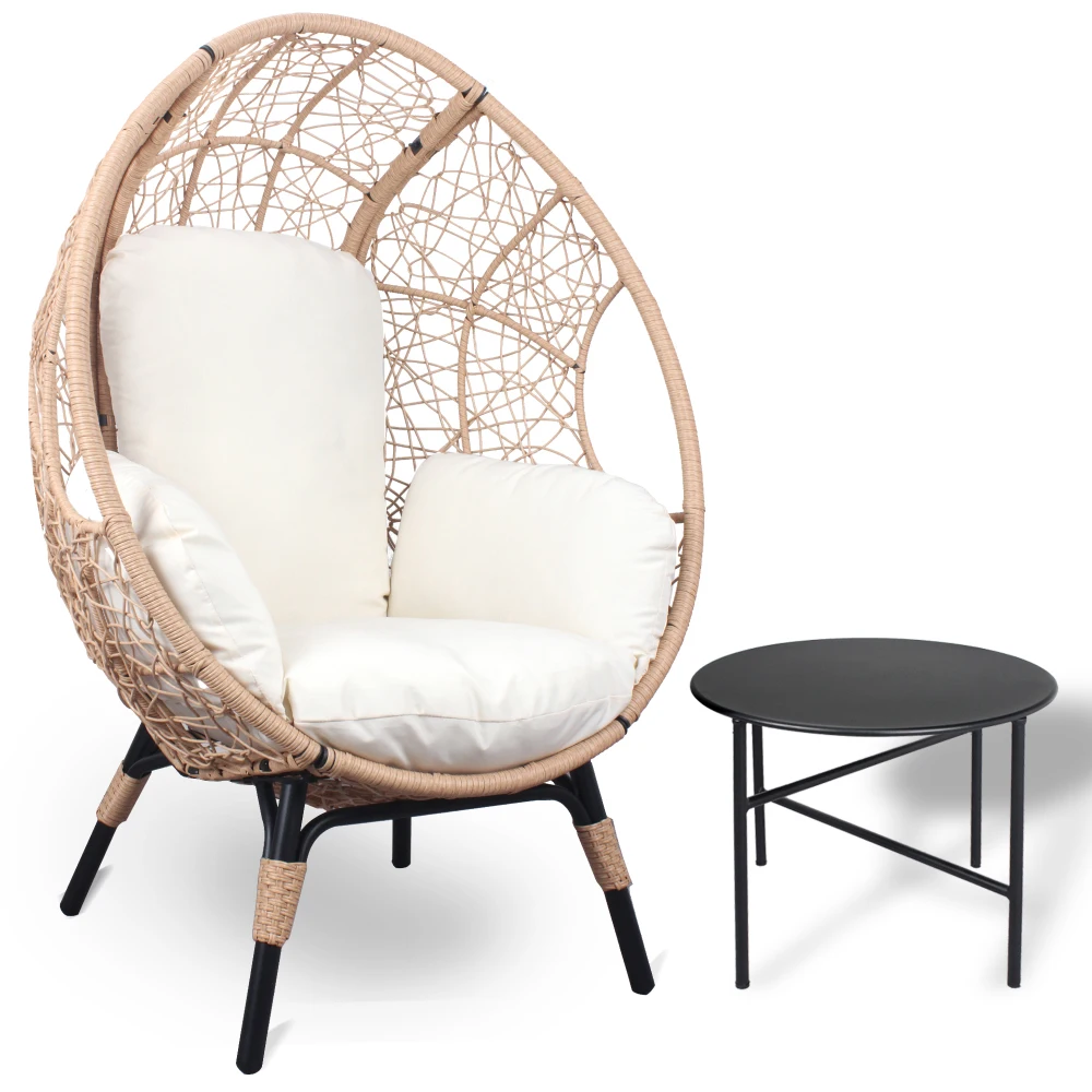 

YQXH Patio PE Wicker Egg Chair Model 3 with Natural Color Rattan Beige Cushion and Side Table