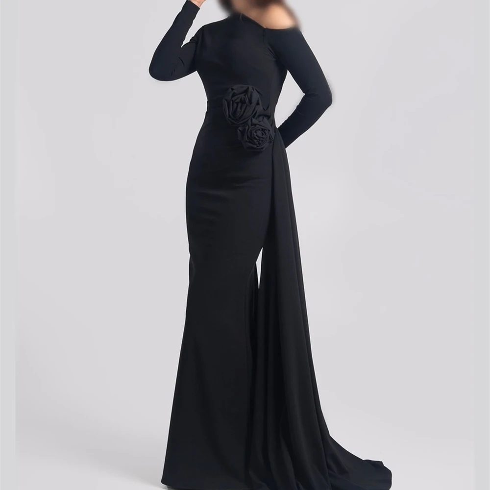 

Customized High Quality Flowers Crew Neck Floor Length Mermaid Jersey Evening Dress Classic Long Sleeves Vestidos Para Mujer