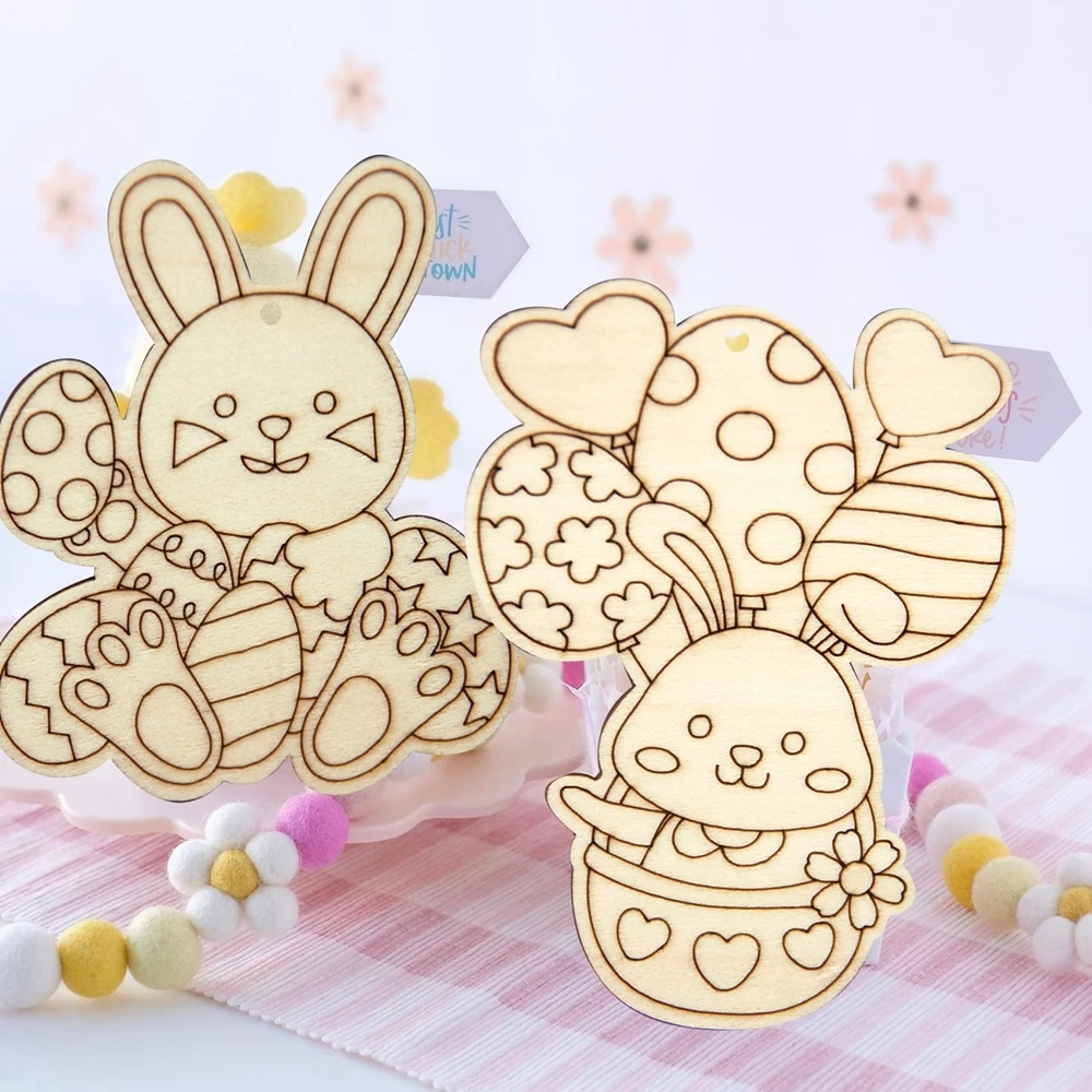 10pcs Wooden Rabbit Pendants Easter Egg Hanging Ornament For Happy Easter Home Party Decoration Kids DIY Painting Gifts Supply