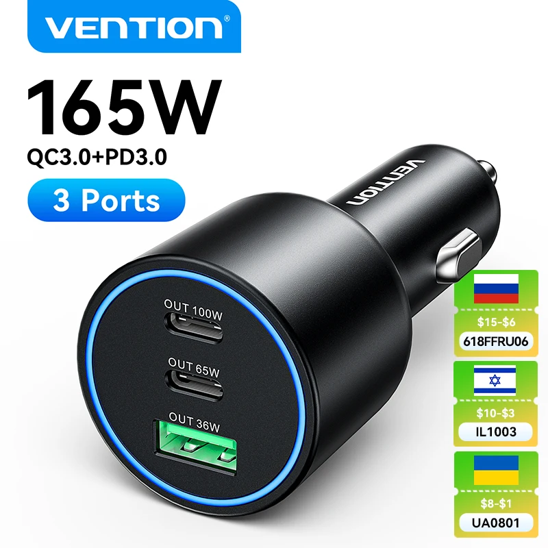 Vention 165W USB C Car Charger For iPhone 15 Xiaomi Huawei Samsung Laptops Tabet PD QC3.0 Fast Charging USB Type C Car Charger