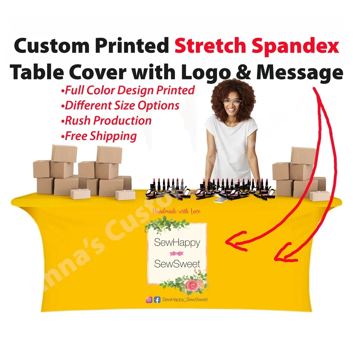 

Custom Stretch Spandex Table Cover with Logo or Brand Name, Event, Trade, Craft Show, Personalized Banquet, Wedding,