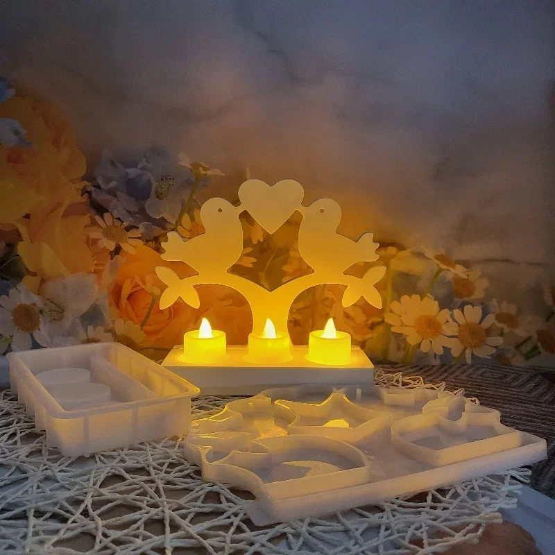 Plug-in Ornament Candle Holder Plaster Mold Tree Pair of Birds Than Hearts DIY Silicone Moulds
