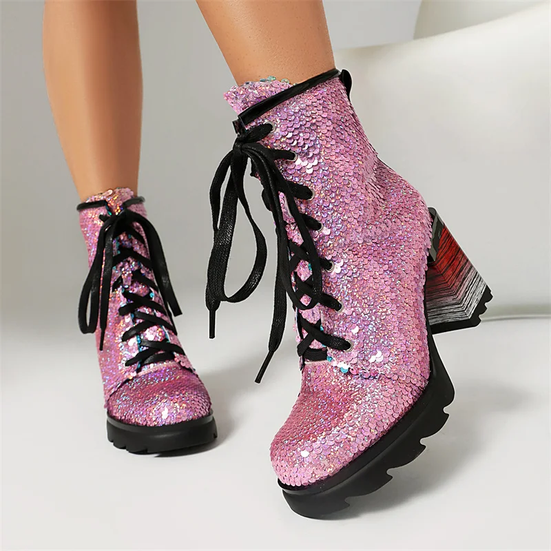 

YMECHIC 2026 Brand Chunky Heels Ladies's Lace-up Sequin Ankle Boots Dress Stylish Short Booties Good Quality Party Women Shoes
