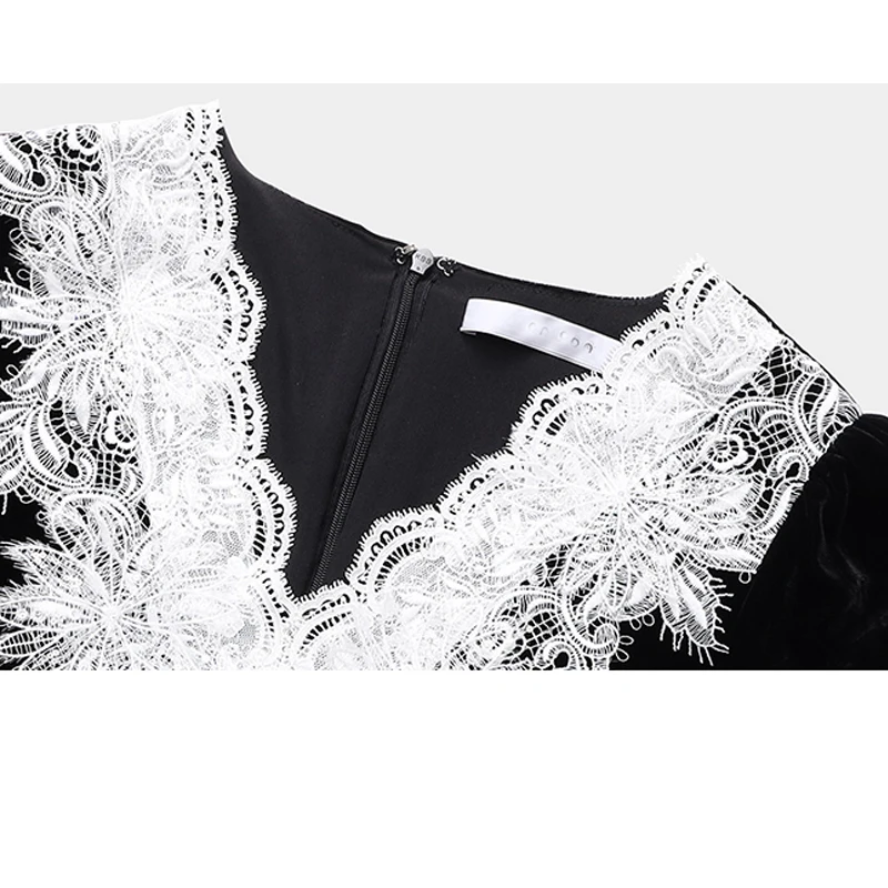 فستان نسائي من الحرير المخملي الطبيعي بالكامل مع حواف من الدانتيل، نمط طويل برقبة على شكل حرف V، أنيق وراقي، ملابس كاجوال وعصرية.