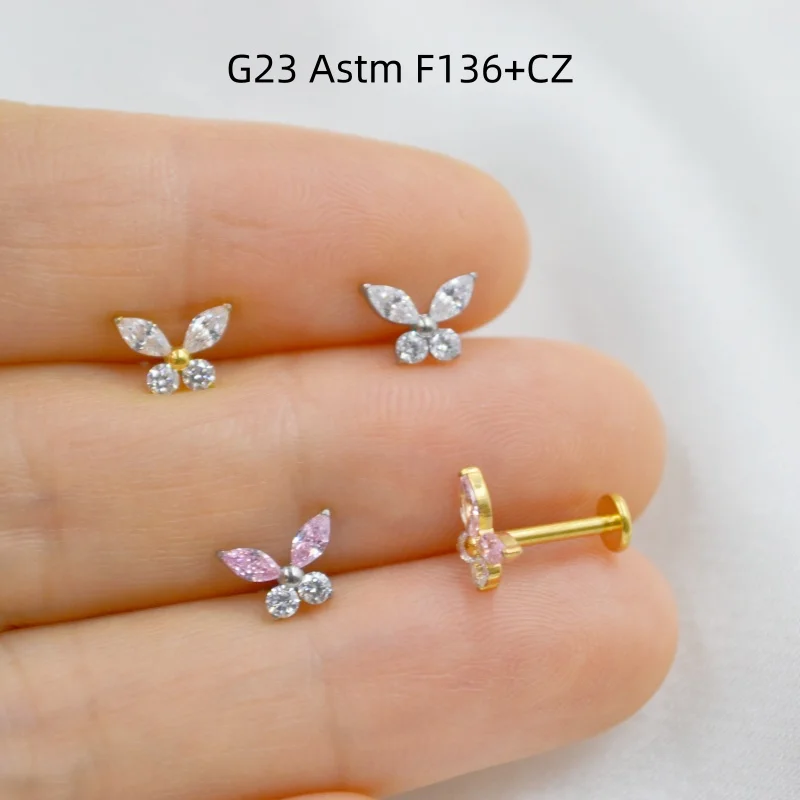 10pcs G23 Titanium Astm F136 Butterfly CZ Internal Thread Lip Labret Bar Ear Helix Tragus Rook Barbells Stud Piercing Jewelry