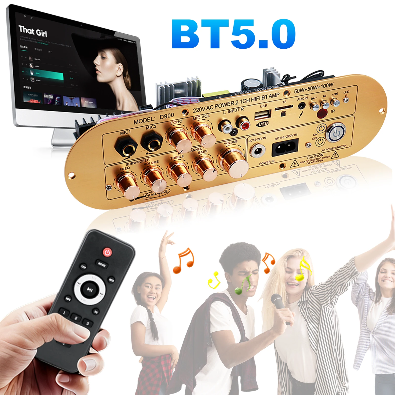 

Плата усилителя BT 2.1-канальная, цифровая, с поддержкой BT 5.0, AUX/USB/FM/TF-карт/микрофона, усилитель для сабвуфера