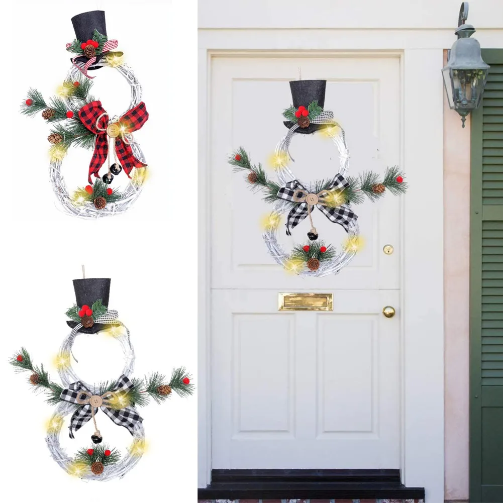 Plaid Bow Rattan Christmas Wreath Christmas Wall Light Up Snowman Hanging Decor Festive Garland With Lights Indoor Party Decor