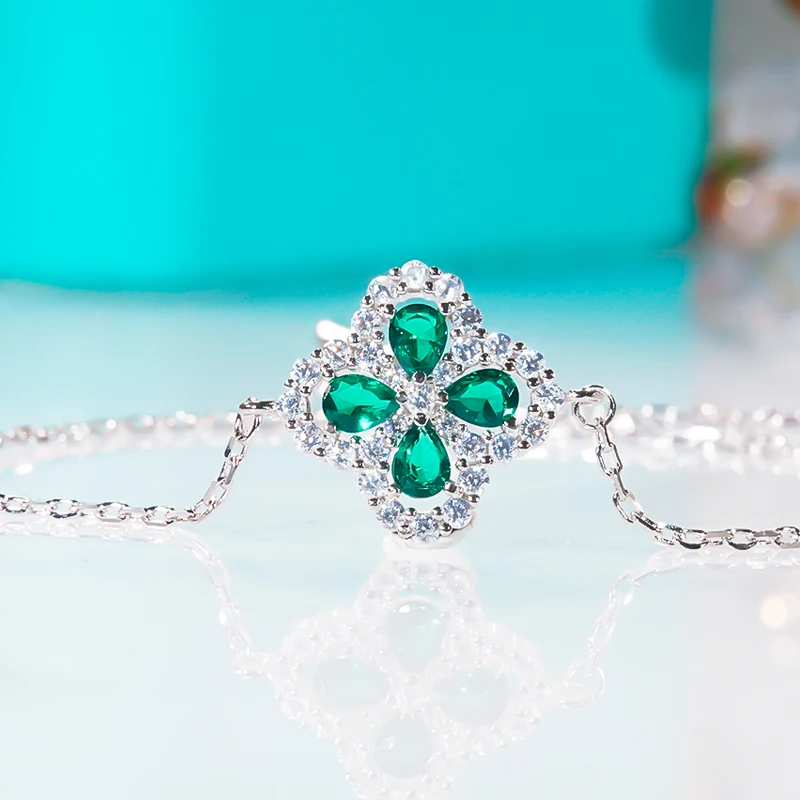 

QINHUAN Clover Bracelet High Carbon Diamond Green Blue S925 Sterling Silver Platinum Plated Nracelet for Women Luxury Jewelry