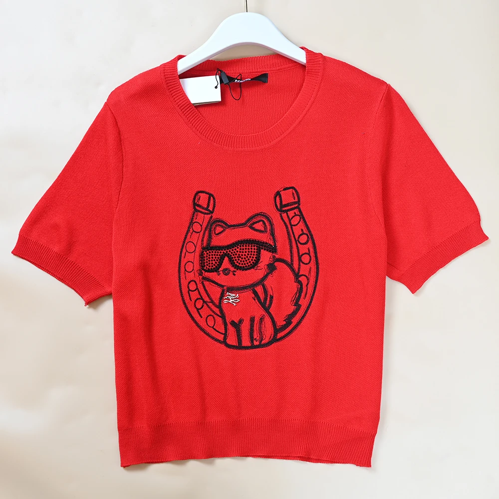 

Новинка Весна-Лето: Женский вязаный пуловер с коротким рукавом и круглым вырезом, из тонкой пряжи, с мультяшной вышивкой, повседневный, с рисунком животных