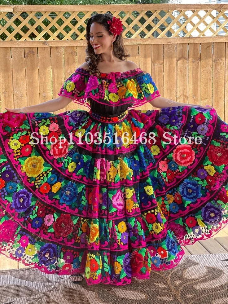 Red Black Mexico Charro Prom Party Dress Elegant One Shoulder Floral Embroidery Featured A-Line Long Dress Vestidos De Festa