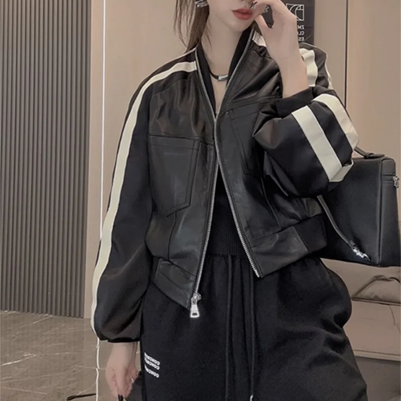 Faionable ort Motorcycle Jaet Women's V-ne Leather irt Color Blo Design Commute Sle Zipper Sve Regular Length