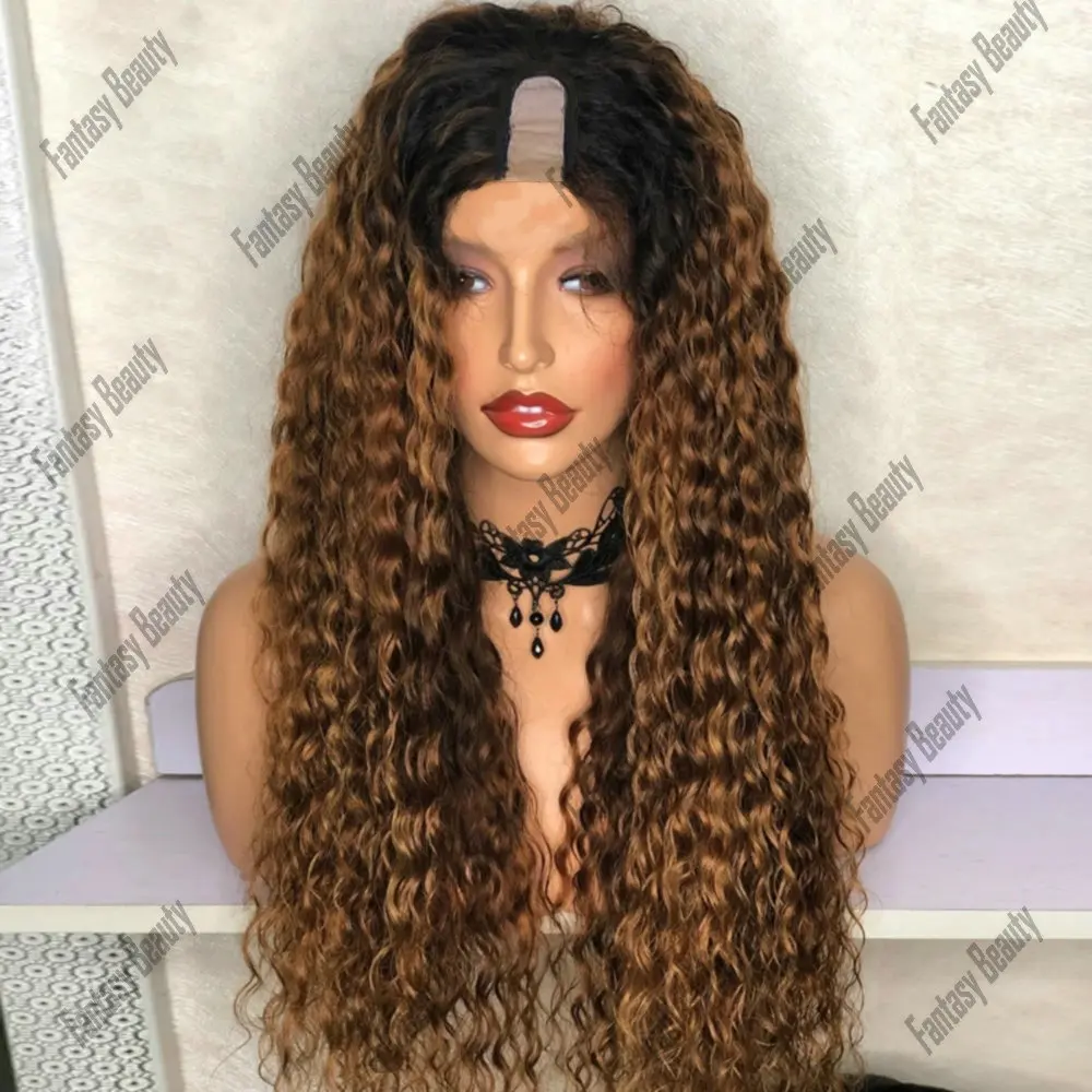 

Glueless Natural V Part Wig 100% Human Hair Ombre Brown Honey Blonde Kinky Curly U Shaped Wig Human Hair With 6 Clips for Women