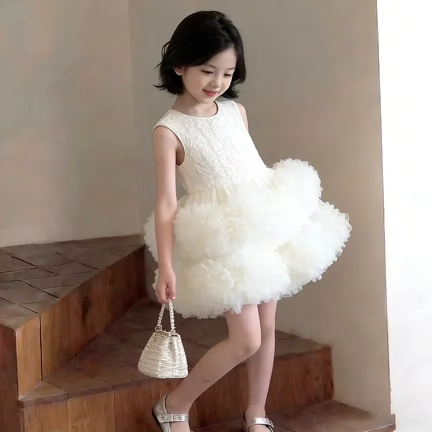 Girls Summer Dresses 2026 New Arrival White Princess Tutu Dress Casual Puff Skirt Kids Toddler Fashion Clothing