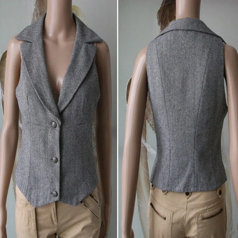 

Women's Vest Casual Herringbone Lapel Jacket Wool Home Waistcoat Sleeveless Steampunk куртка женская