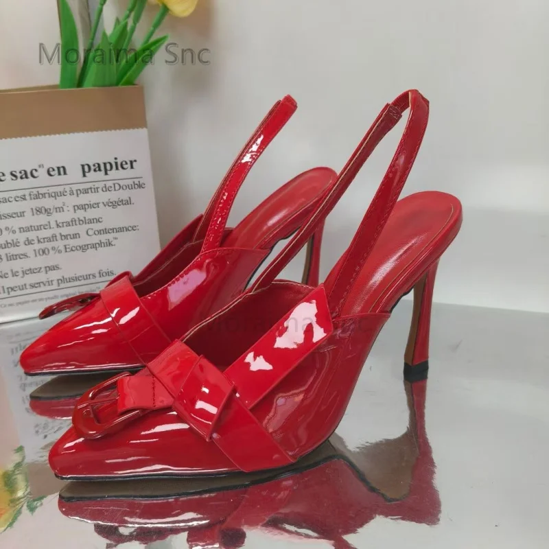 

Red Knots Patent Leather Sandals Women Pointed Toe High Heels Slingback Solid Color Women Shoes New Concise Wedding Shoes
