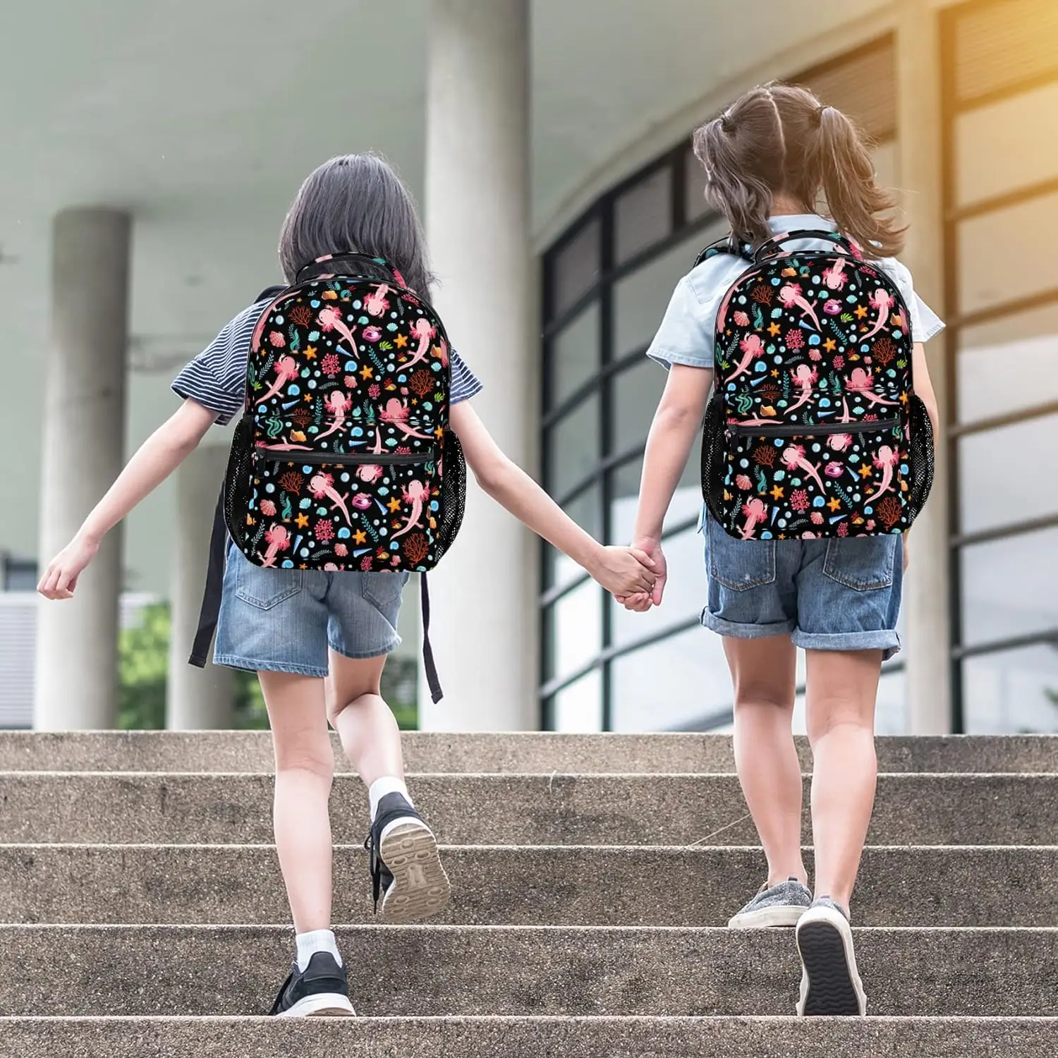 Black Axolotl Print Kids Backpacks for Girls Boys Middle-School Elementary Bookbags 17 Inch Waterproof Lightweight Schoolbag