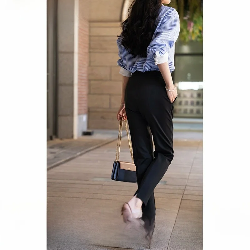 Black Pencil Pants Elephant And Giraffe Leg Shaping Commute Simple High Waist Long Pants for Lady Korean Style Slim Fit