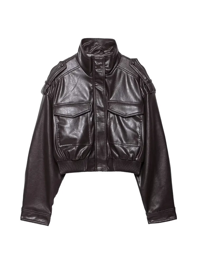 سترة نسائية قصيرة من الجلد الصناعي بأكمام طويلة وياقة عالية، بلوزة أنيقة مع جيوب بغطاء قلاب، ملابس خارجية نسائية #2