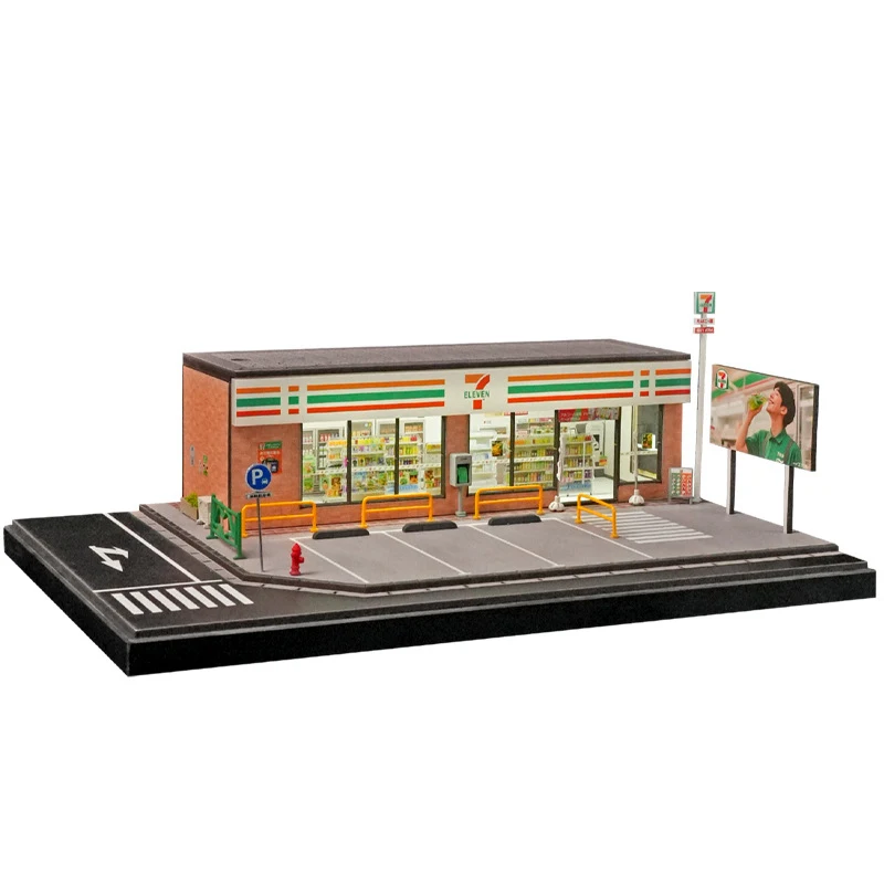 

1:64 Scale 711 Convenience Store Model Simulation Shop Scene Alloy Car Parking Lot Desktop Display Ornament Set Toy