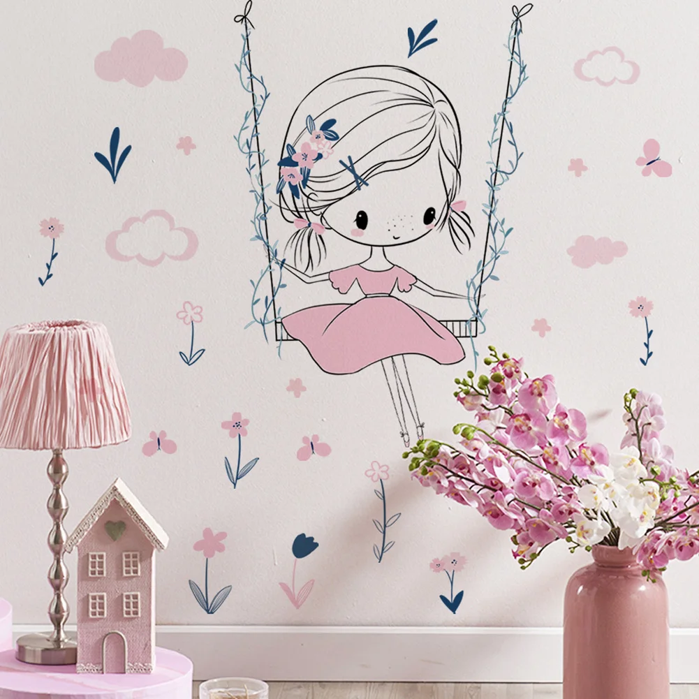 Cartoon Girl Swinging Wall Stickers Kids Girls Room Background Decor Bedroom Home Decoration Wallpaper Self-adhesive Mural