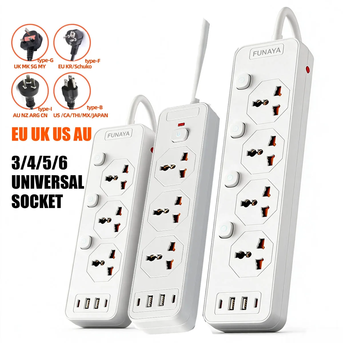 FUNAYA Universal Power Sockets with Multi EU KR UK US AU Plugs USB-A C Extension Cable Electric Outlets with Overload Protection