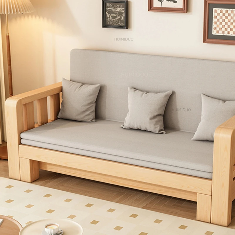All Solid Wood Sofa Variable Bed Dual-purpose Foldable Small Apartment Living Room 1.5 Meters Double Sofa 1.2 Meters Single Retr