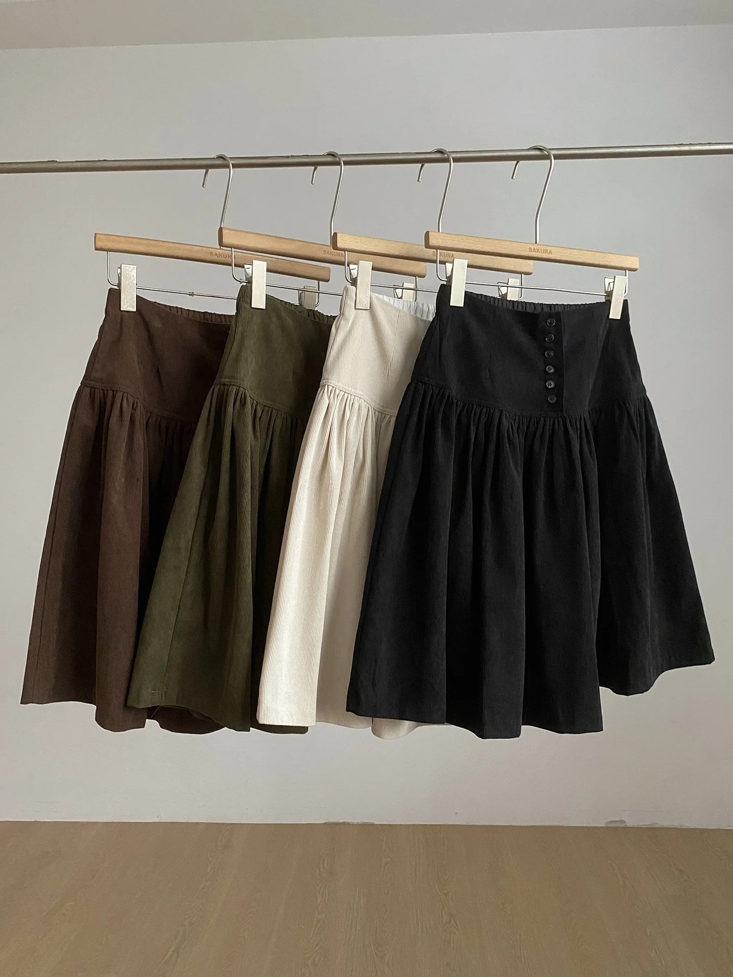 Tutu Miss Corduroy A-Line Umbrella Skirt Button Slimming Versatile Midi Skirt Autumn Winter Short Skirt High Waist Polyester