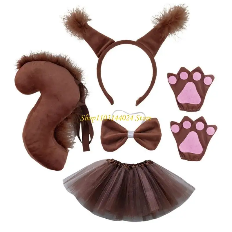 

N5KE 3pcs Halloween Squirrel Ear Hair Hoop&Tail/Glove/Skirt/Bowtie Set for Girl