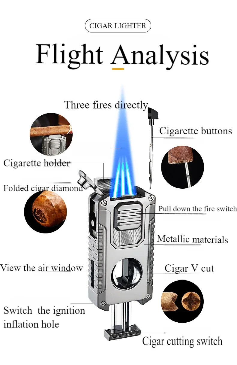 Multifunctional Five in One Powerful 3 Jet Gas Lighter Cigar V Cutter with Punch Needles Picker Butane Windproof Cigar Lighter